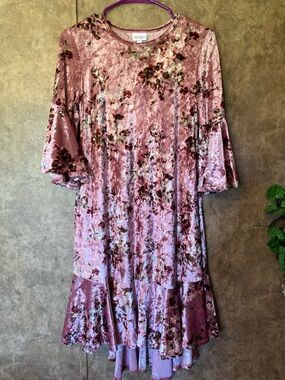 LuLaRoe Pink Crushed Velvet Floral Dress Bell Sleeve Hi Low Boho Maurine XXS / S